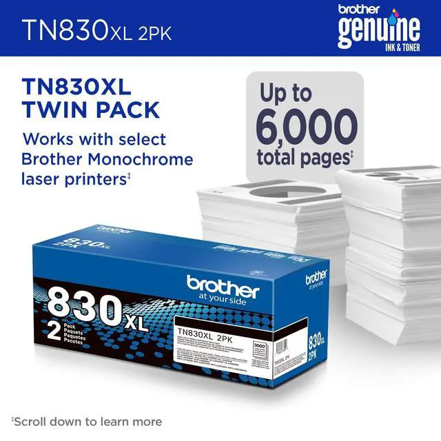 Alt view image 2 of 7 - Brother Genuine TN830XL 2PK Black High Yield Printer Toner Cartridge 2-Pack Print up to 3,000 Pages Each(1) | Genuine Brother TN830XL, Up to 3, 000 Pages per Cartridge