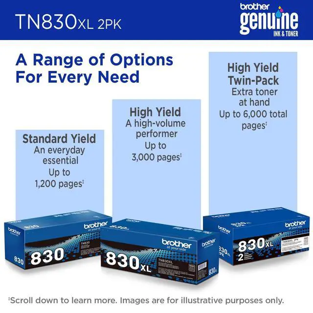 Alt view image 6 of 7 - Brother Genuine TN830XL 2PK Black High Yield Printer Toner Cartridge 2-Pack Print up to 3,000 Pages Each(1) | Genuine Brother TN830XL, Up to 3, 000 Pages per Cartridge
