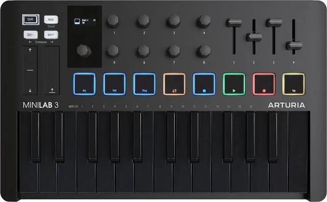 Main image of Arturia MiniLab 3 - Universal MIDI Controller for Music Production, with All-in-One Software Package - 25 Keys, 8 Multi-Color Pads - White (MiniLab 3 Only, Deep Black)