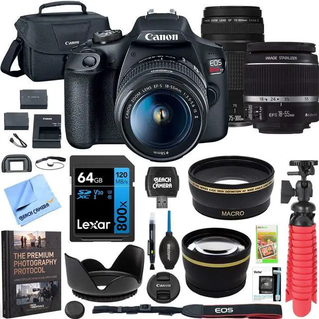 Main image of Canon T7 EOS Rebel DSLR Camera with EF-S 18-55mm f/3.5-5.6 is II and EF 75-300mm f/4-5.6 III Lens Plus Double Battery, Memory Card, Deluxe Case, Cleaning Kit and Mini Tripod Accessory Bundle