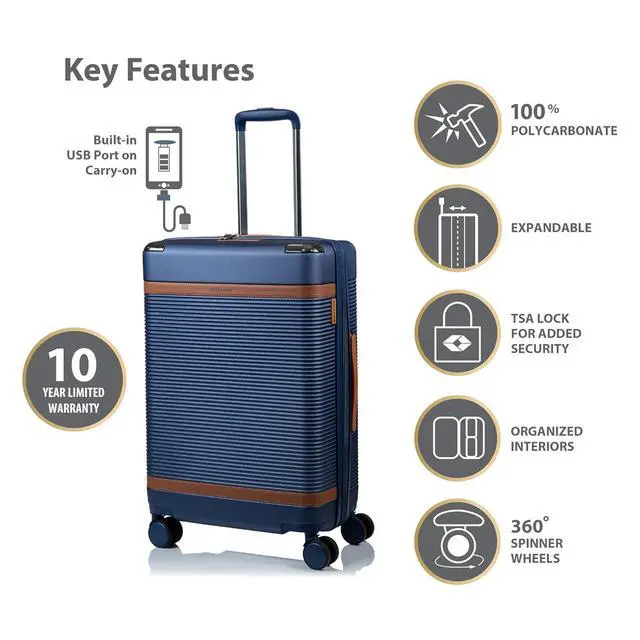 Alt view image 2 of 7 - CHAMPS 'VINTAGE III COLLECTION' 3-PIECE EXPANDABLE HARDSIDE SPINNER LUGGAGE SET WITH USB PORT (NAVY)