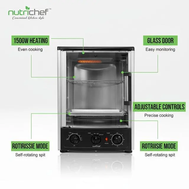 Alt view image 4 of 7 - NutriChef Multi-Function Rotisserie Countertop Oven | 24 Quart Vertical Glass Door Convection Oven, for Rotisserie Roasting & Broiling | Timer & Temperature Control | 13.4 x 12.2 x 18.9