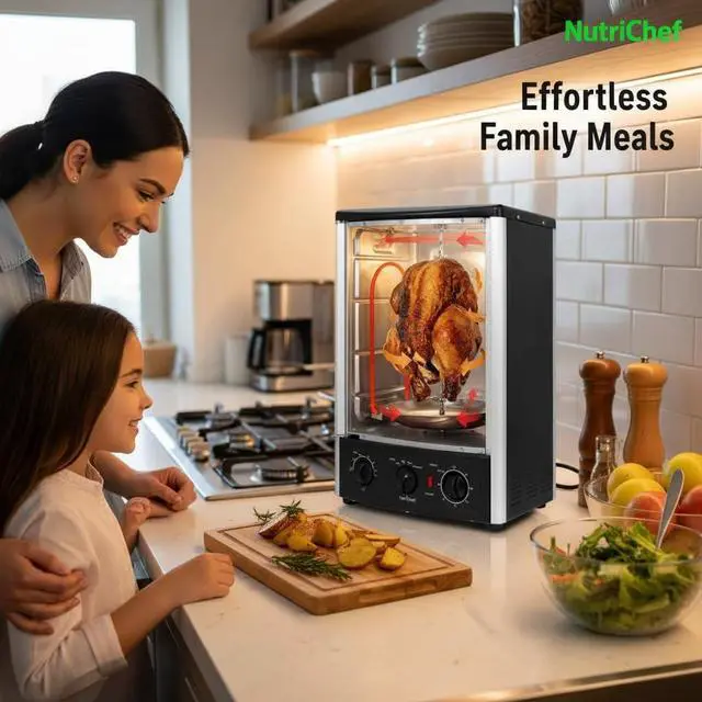 Alt view image 5 of 7 - NutriChef Multi-Function Rotisserie Countertop Oven | 24 Quart Vertical Glass Door Convection Oven, for Rotisserie Roasting & Broiling | Timer & Temperature Control | 13.4 x 12.2 x 18.9