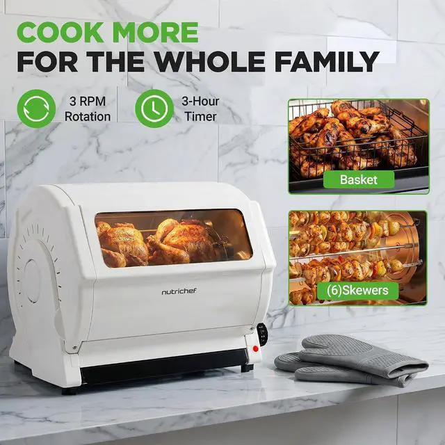 Alt view image 2 of 7 - NutriChef Horizontal Rotating Shawarma Oven | Rotisserie, Shawarma & Kebab Machine | Includes Large 22.4 Quart Capacity, 3-Hour Timer & 6 Kebab Skewers | Ideal for Chicken,Turkey & Lamb | White
