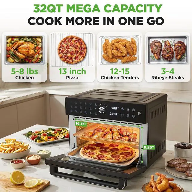 Alt view image 2 of 7 - NutriChef 32 Quart Air Fryer & Oven | Digital Airfryer with 20 Presets, Dual Cook, Rotisserie, Bake & More | Multi-Function Convection Countertop Oven | Large Capacity | 18" x 17" x 14 | Black