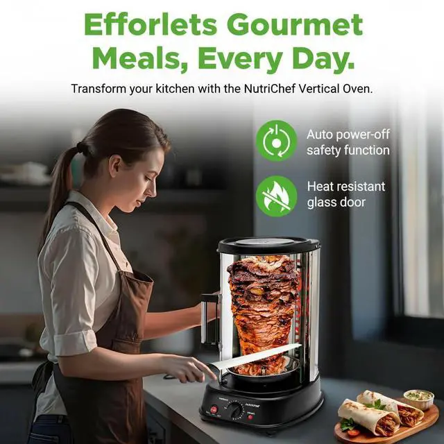 Alt view image 3 of 7 - NutriChef Vertical Rotating Shawarma Oven - Rotisserie, Shawarma, & Kebab Machine - Stain-Resistant, Energy-Efficient - Heat-Resistant Door - Includes Kebab Rack with 7 Skewers - Stainless Steel