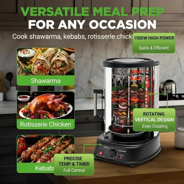 Alt view image 4 of 7 - NutriChef Vertical Rotating Shawarma Oven - Rotisserie, Shawarma, & Kebab Machine - Stain-Resistant, Energy-Efficient - Heat-Resistant Door - Includes Kebab Rack with 7 Skewers - Stainless Steel