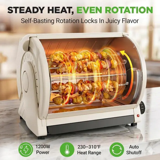Alt view image 6 of 7 - NutriChef Horizontal Rotating Shawarma Oven | Rotisserie, Shawarma & Kebab Machine | Includes Large 22.4 Quart Capacity, 3-Hour Timer & 6 Kebab Skewers | Ideal for Chicken,Turkey & Lamb | White