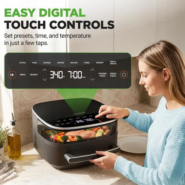 Alt view image 5 of 7 - NutriChef 6 Quart Extra Large Air Fryer with 11-in-1 Cooking Presets | Extra-Large Basket Fits Up to 12 Pizza | Adjustable Temperature 450F & Timer Range | Dual Heat Source Technology | Grey