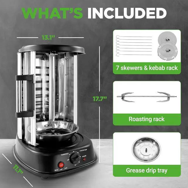 Alt view image 7 of 7 - NutriChef Vertical Rotating Shawarma Oven - Rotisserie, Shawarma, & Kebab Machine - Stain-Resistant, Energy-Efficient - Heat-Resistant Door - Includes Kebab Rack with 7 Skewers - Stainless Steel