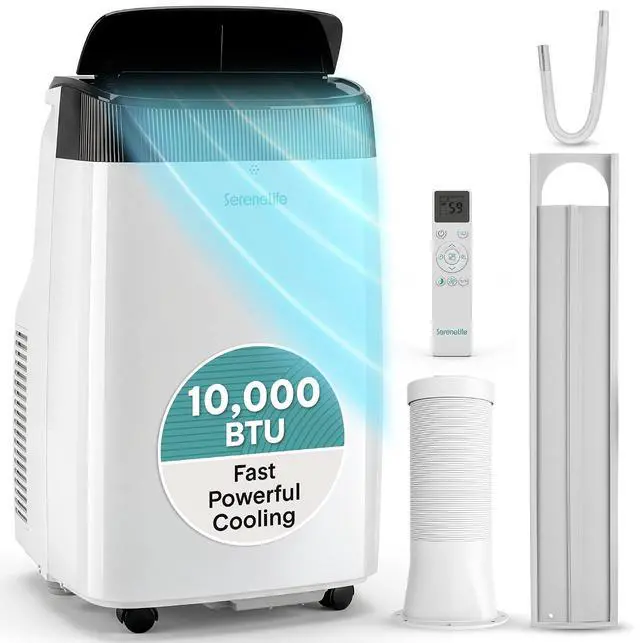 Main image of SereneLife Small Air Conditioner Portable 10,000 BTU with Built-in Dehumidifier - Portable AC unit for rooms up to 450 sq ft - Remote Control, Window Mount Exhaust Kit