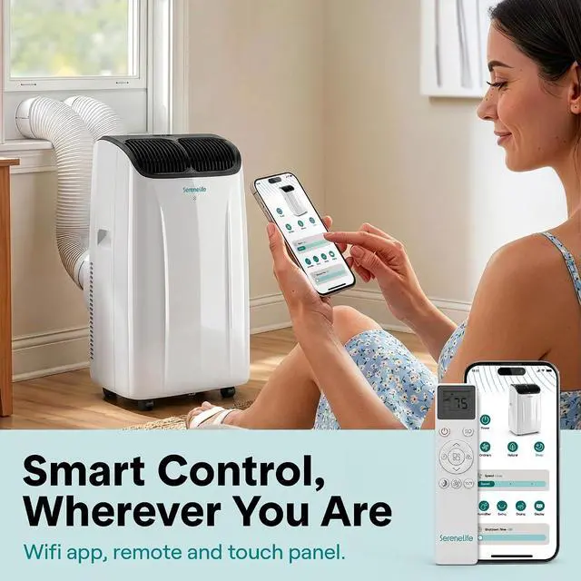 Alt view image 5 of 7 - SereneLife 16,000 BTU Smart Inverter Portable Air Conditioner | Dual Hose Portable AC Unit with Heat, Dehumidifier & Fan | Wi-Fi Enabled Compact Standing Air Conditioner with Window Kit