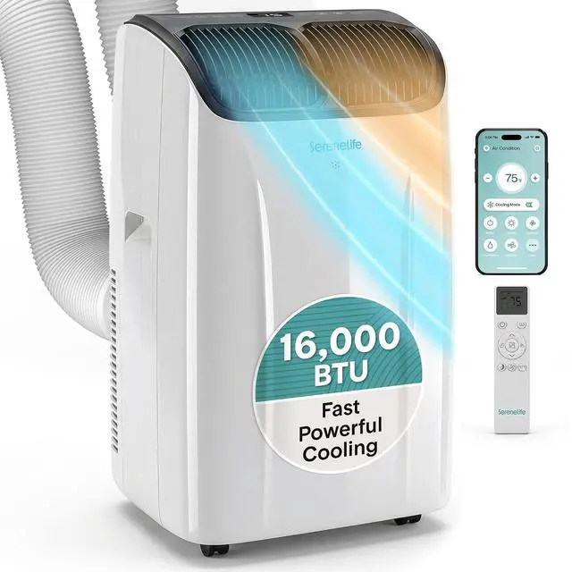 Main image of SereneLife 16,000 BTU Smart Inverter Portable Air Conditioner | Dual Hose Portable AC Unit with Heat, Dehumidifier & Fan | Wi-Fi Enabled Compact Standing Air Conditioner with Window Kit