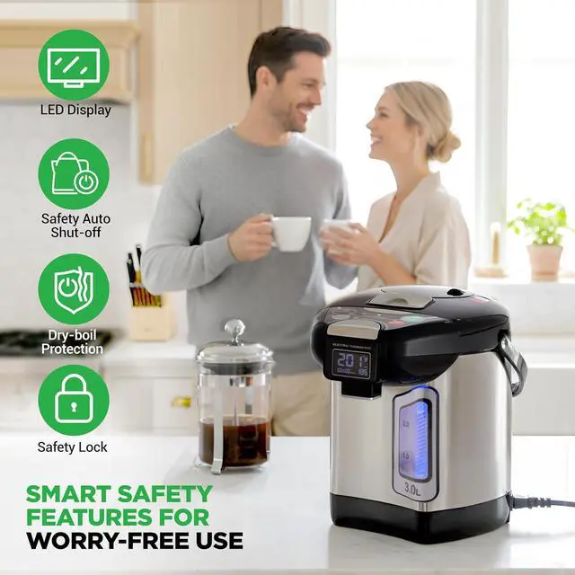 Alt view image 5 of 7 - NutriChef Digital Water Boiler and Warmer - 3L/3.17 Qt Stainless Electric Hot Water Dispenser w/ LCD Display, Rotating Base, Keep Warm, Auto Shut Off, Safety Lock, Instant Heating for Coffee & Tea
