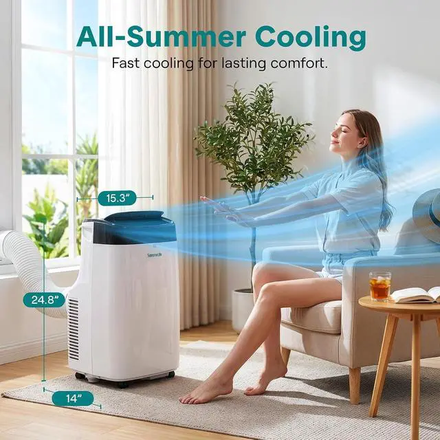 Alt view image 2 of 7 - SereneLife Portable Air Conditioner, Dehumidifier & Fan | Dual Motor 3-in-1 8,000 BTU AC with 64°F90°F Temperature Range, Cools Up to 350 Sq Ft, 3 Fan Speeds, Remote Control & Window Kit, White
