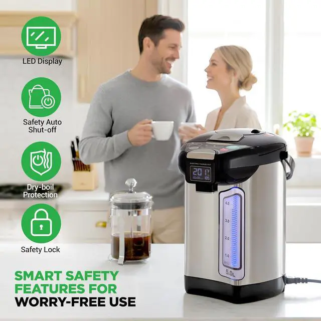 Alt view image 5 of 7 - NutriChef Digital Water Boiler and Warmer - 5L/5.28 Qt Stainless Electric Hot Water Dispenser w/LCD Display, Rotating Base, Keep Warm, Auto Shut Off, Safety Lock, Instant Heating for Coffee & Tea