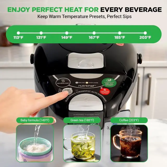 Alt view image 3 of 7 - NutriChef Digital Water Boiler and Warmer - 3L/3.17 Qt Stainless Electric Hot Water Dispenser w/ LCD Display, Rotating Base, Keep Warm, Auto Shut Off, Safety Lock, Instant Heating for Coffee & Tea