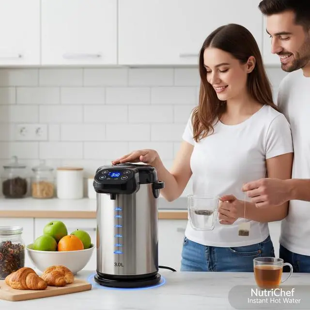 Alt view image 2 of 7 - NutriChef Electric Water Boiler and Warmer - 3L/3.17 Qt Stainless Steel Electric Hot Water Dispenser w/Rotating Base, Auto Shut Off, Safety Lock, Instant Heating for Coffee & Tea (NCHUB13)
