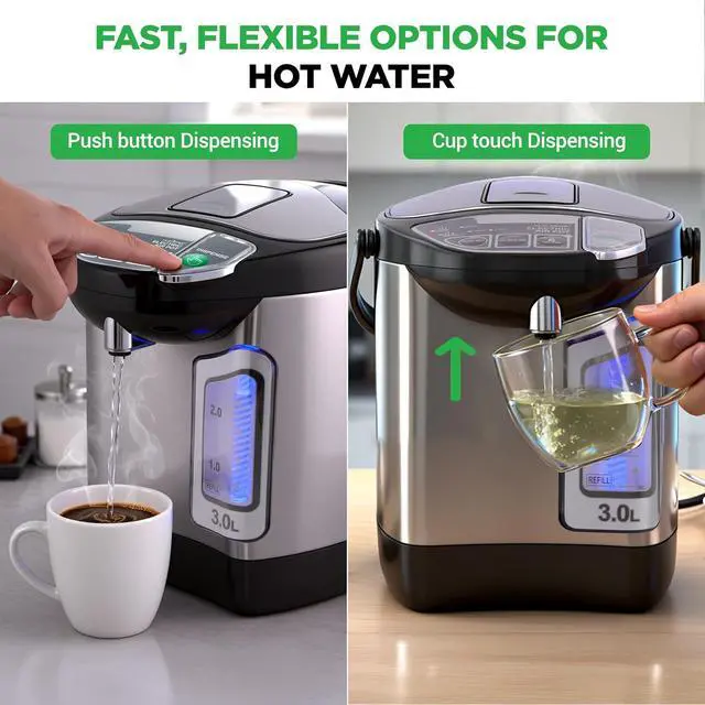 Alt view image 4 of 7 - NutriChef Electric Water Boiler and Warmer - 3L/3.17 Qt Stainless Steel Electric Hot Water Dispenser w/Rotating Base, Auto Shut Off, Safety Lock, Instant Heating for Coffee & Tea (NCHUB13)