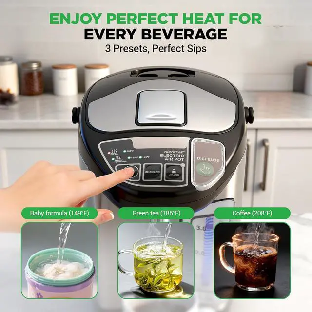 Alt view image 5 of 7 - NutriChef Electric Water Boiler and Warmer - 3L/3.17 Qt Stainless Steel Electric Hot Water Dispenser w/Rotating Base, Auto Shut Off, Safety Lock, Instant Heating for Coffee & Tea (NCHUB13)