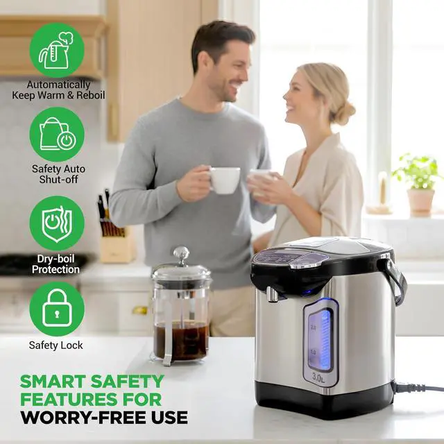 Alt view image 7 of 7 - NutriChef Electric Water Boiler and Warmer - 3L/3.17 Qt Stainless Steel Electric Hot Water Dispenser w/Rotating Base, Auto Shut Off, Safety Lock, Instant Heating for Coffee & Tea (NCHUB13)