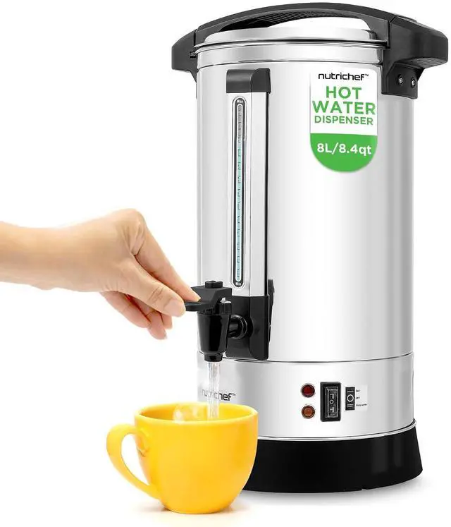 Main image of NutriChef Water Boiler and Hot Water Dispenser, 8L Electric Beverage Dispenser with Safety Lock Lid, Non-Drip Tap, Warm Function, Food Grade Stainless Steel, Home & Commercial Use, 19"x9"x9", Silver