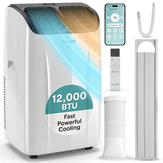 Main image of SereneLife 12,000 BTU Portable Air Conditioner with Dehumidifier, Heat, & Fan | Wi-Fi Enabled Portable AC Unit for Rooms up to 550 Sq Ft | Compact Standing Air Conditioner with Window Kit