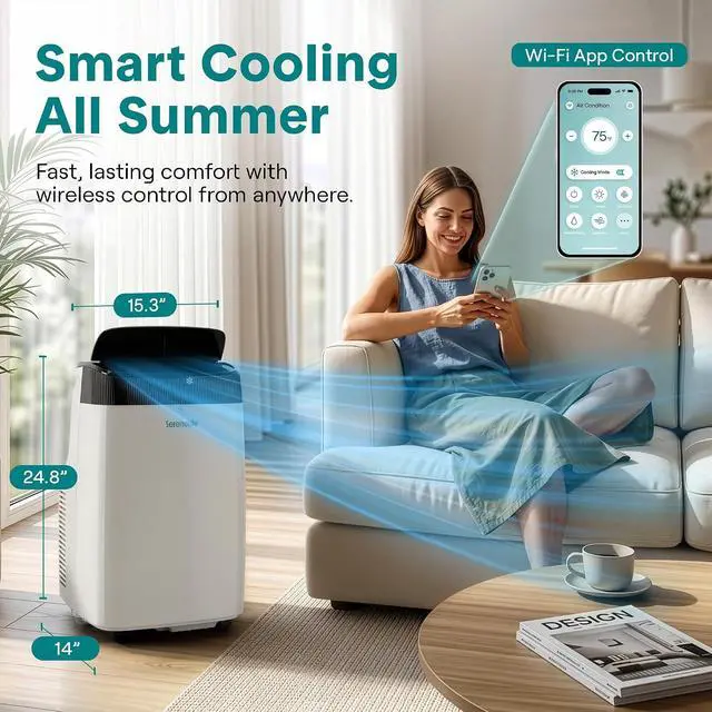Alt view image 2 of 7 - SereneLife Portable Air Conditioner 10000 BTU With WIFI | 3-in-1 Cooling, Fan and Dehumidifier | 24-H Timer up to 450 sq ft Coverage | AC Unit for Bedroom, Home & Office | Window Kit & Remote