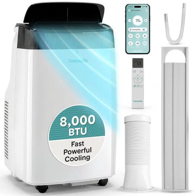 Main image of SereneLife Portable Air Conditioner 8000 BTU With WIFI | 3-in-1 Cooling, Fan and Dehumidifier | 24-H Timer up to 350 sq ft Coverage | AC Unit for Bedroom, Home & Office | Window Kit & Remote