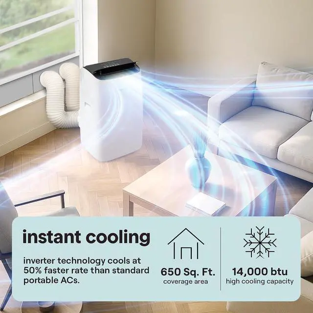 Alt view image 2 of 7 - SereneLife 14,000 BTU Dual Hose Portable Inverter Air Conditioner, Smart Cooling Heating with WiFi, Ultra Quiet, Energy Efficient, For Bedrooms, Living Spaces & Offices, 650 Sq. Ft. Coverage