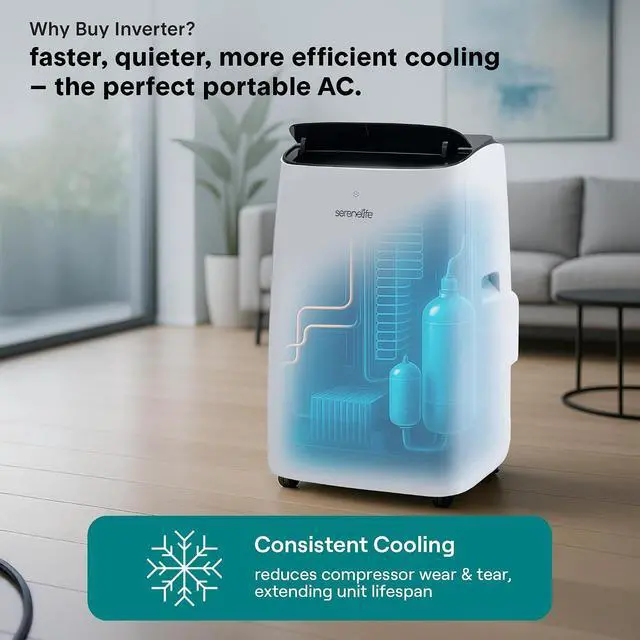 Alt view image 3 of 7 - SereneLife 14,000 BTU Dual Hose Portable Inverter Air Conditioner, Smart Cooling Heating with WiFi, Ultra Quiet, Energy Efficient, For Bedrooms, Living Spaces & Offices, 650 Sq. Ft. Coverage