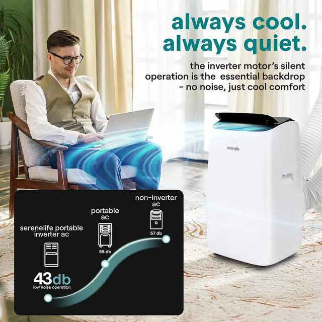 Alt view image 4 of 7 - SereneLife 14,000 BTU Dual Hose Portable Inverter Air Conditioner, Smart Cooling Heating with WiFi, Ultra Quiet, Energy Efficient, For Bedrooms, Living Spaces & Offices, 650 Sq. Ft. Coverage