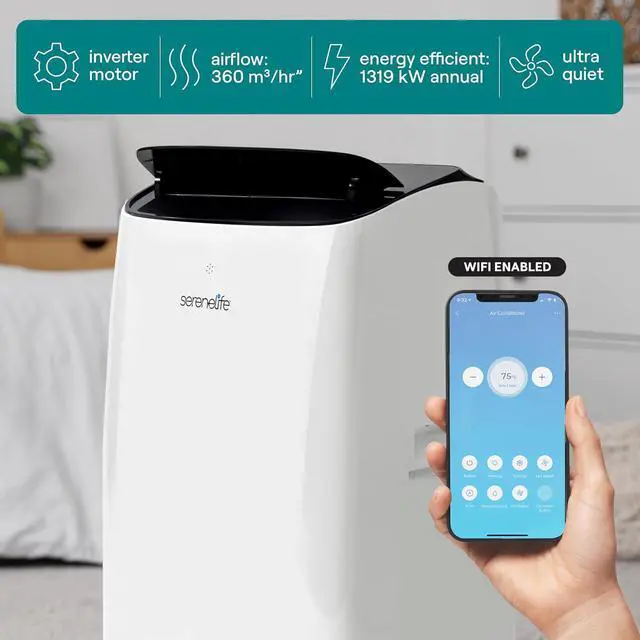 Alt view image 7 of 7 - SereneLife 14,000 BTU Dual Hose Portable Inverter Air Conditioner, Smart Cooling Heating with WiFi, Ultra Quiet, Energy Efficient, For Bedrooms, Living Spaces & Offices, 650 Sq. Ft. Coverage