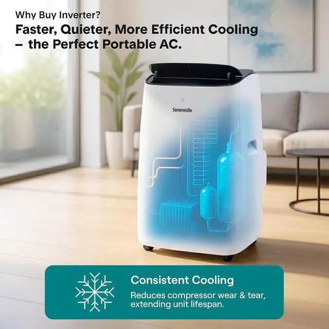Alt view image 6 of 7 - SereneLife 12000 BTU Inverter Portable Air Conditioner with Wi-Fi | Portable AC Unit with Dehumidifier, Fan Modes, Dual Hose System | Compact Standing Air Conditioner with Window Kit (White)