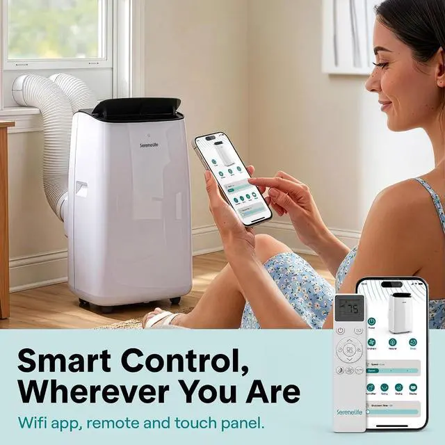 Alt view image 5 of 7 - SereneLife 12000 BTU Inverter Portable Air Conditioner with Wi-Fi | Portable AC Unit with Dehumidifier, Fan Modes, Dual Hose System | Compact Standing Air Conditioner with Window Kit (White)