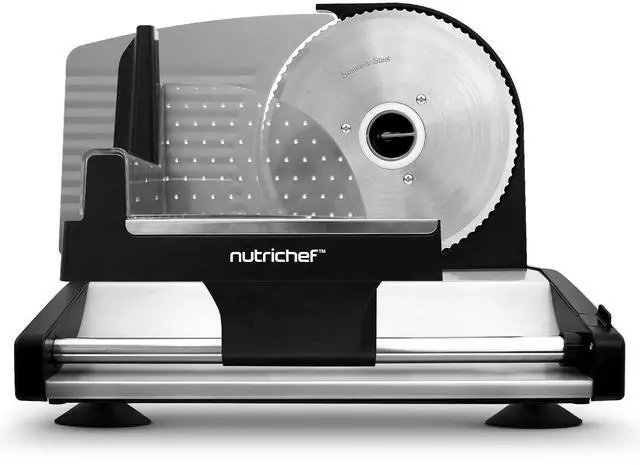 Main image of Nutrichef Electric Meat Slicer | 200W Automatic Meat, Deli & Bread Slicer | Adjustable Dial for 0-15mm Cutting Range Thickness | Removable 7.5 IN Stainless Steel Blade & Food Pusher for Safety (Black)