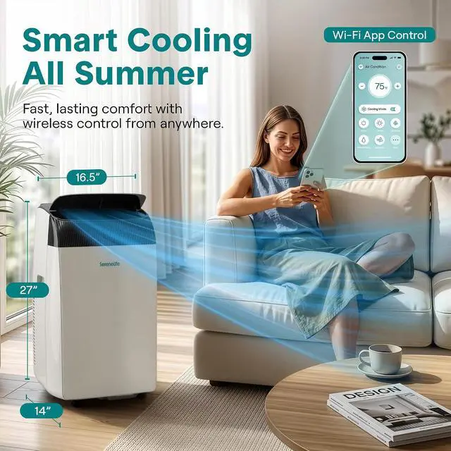 Alt view image 2 of 7 - SereneLife 12,000 BTU Portable Air Conditioner with Dehumidifier, Heat, & Fan | Wi-Fi Enabled Portable AC Unit for Wide Area Climate Control | Compact Standing Air Conditioner with Window Kit