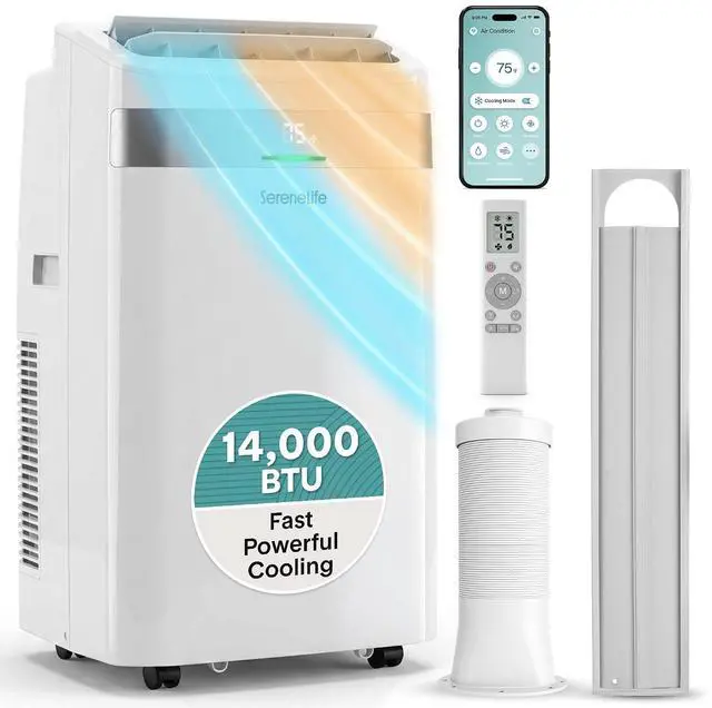 Main image of SereneLife Portable Air Conditioner and Heater, 14000 BTU Cooling & Heating with Wi-Fi Control, Dehumidifier & Fan Modes, Portable AC Unit with Window Mount Kit, Best for Rooms, White