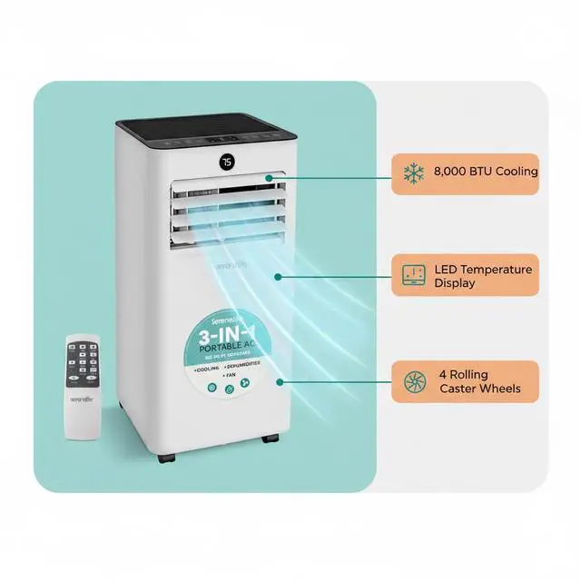 Alt view image 3 of 7 - SereneLife 8000 BTU Portable Air Conditioner, Small AC Unit with Dehumidifier and Fan, Mini AC Unit with 350 Sq. Ft. Coverage, Timer Settings Up to 24 Hours and Window Mount Kit for Room