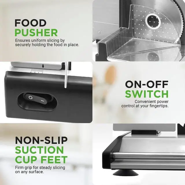 Alt view image 5 of 7 - Nutrichef Electric Meat Slicer | 200W Automatic Meat, Deli & Bread Slicer | Adjustable Dial for 0-15mm Cutting Range Thickness | Removable 7.5 IN Stainless Steel Blade & Food Pusher for Safety (Black)