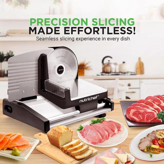 Alt view image 7 of 7 - Nutrichef Electric Meat Slicer | 200W Automatic Meat, Deli & Bread Slicer | Adjustable Dial for 0-15mm Cutting Range Thickness | Removable 7.5 IN Stainless Steel Blade & Food Pusher for Safety (Black)