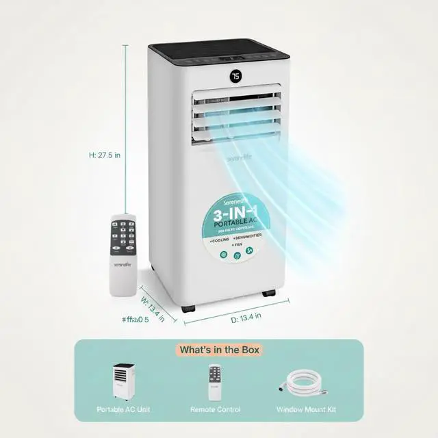 Alt view image 7 of 7 - SereneLife 8000 BTU Portable Air Conditioner, Small AC Unit with Dehumidifier and Fan, Mini AC Unit with 350 Sq. Ft. Coverage, Timer Settings Up to 24 Hours and Window Mount Kit for Room