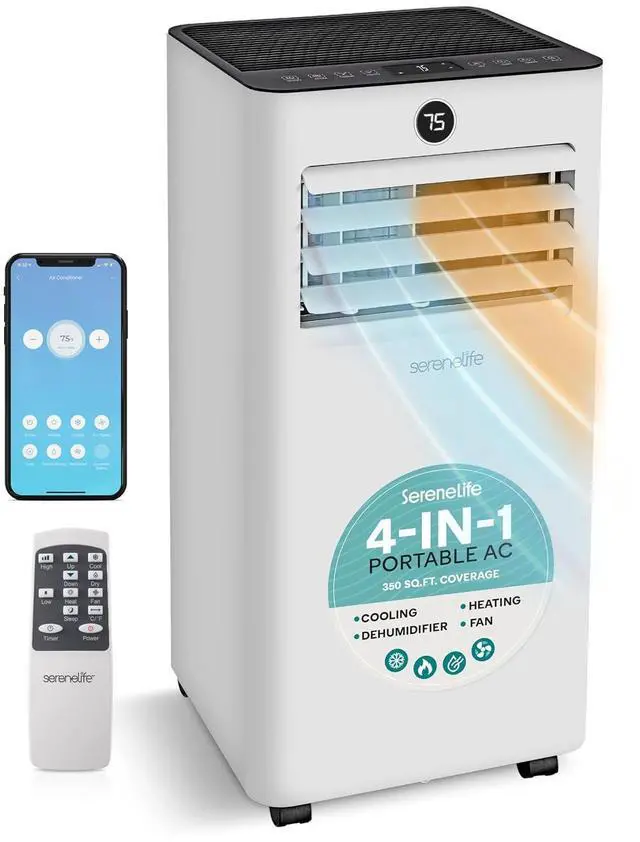 Main image of SereneLife 8000 BTU Portable Air Conditioner & Heater with WiFi, 4-in-1 Cooling, Heating, Fan & Dehumidifier, 24-H Timer, Covers 350 Sq Ft, for Bedroom, Home & Office, Includes Window Kit & Remote
