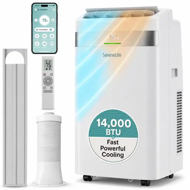 Main image of SereneLife Portable Air Conditioner and Heater, 14,000 BTU Cooling & Heating with Wi-Fi Control, Dehumidifier & Fan Modes, Portable AC Unit with Window Mount Kit, Best for Rooms, White