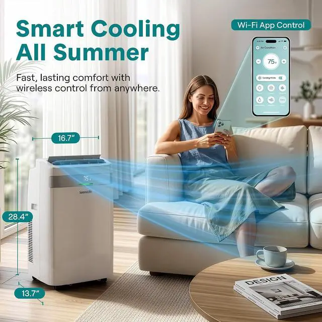 Alt view image 2 of 7 - SereneLife Portable Air Conditioner and Heater, 14,000 BTU Cooling & Heating with Wi-Fi Control, Dehumidifier & Fan Modes, Portable AC Unit with Window Mount Kit, Best for Rooms, White