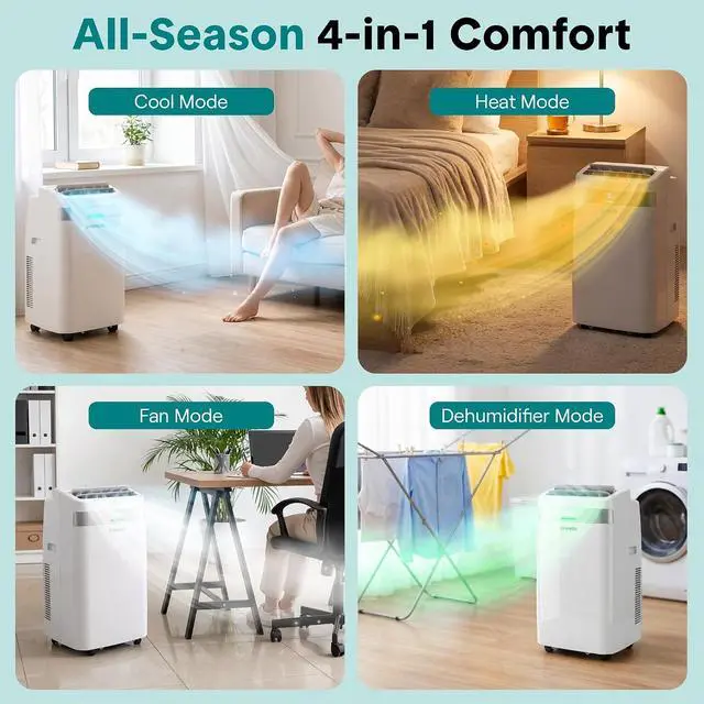 Alt view image 4 of 7 - SereneLife Portable Air Conditioner and Heater, 14,000 BTU Cooling & Heating with Wi-Fi Control, Dehumidifier & Fan Modes, Portable AC Unit with Window Mount Kit, Best for Rooms, White