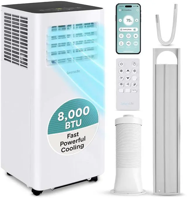 Main image of SereneLife Small Air Conditioner Portable 8,000 BTU with Built-in Dehumidifier - Portable AC unit for rooms up to 350 sq ft - WiFi app + Remote Control, Window Mount Exhaust Kit