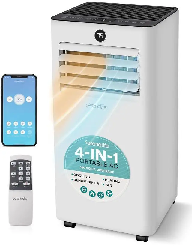 Main image of SereneLife 10000 BTU Portable Air Conditioner & Heater with WiFi, 4-in-1 Cooling, Heating, Fan & Dehumidifier, Covers 450 Sq Ft, 24-H Timer, for Bedroom, Home & Office, Includes Window Kit & Remote