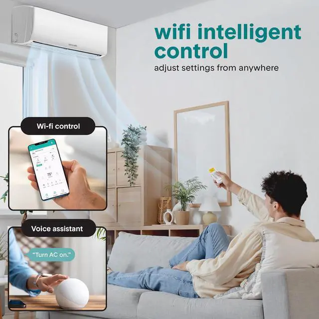 Alt view image 3 of 7 - SereneLife Mini Split Air Conditioner, 4 Modes 9000 BTU 208V Ductless Air Conditioner with Heat Pump, Ultra Quiet, Works with Wi-Fi, Includes Full Installation Kit, 4-in-1 AC