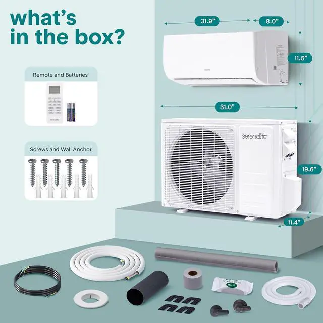 Alt view image 7 of 7 - SereneLife Mini Split Air Conditioner, 4 Modes 9000 BTU 208V Ductless Air Conditioner with Heat Pump, Ultra Quiet, Works with Wi-Fi, Includes Full Installation Kit, 4-in-1 AC
